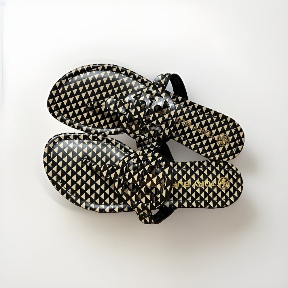 Tory Burch Miller Logo Leather Sandals 8.5M Triangle Print Resort Slides Black